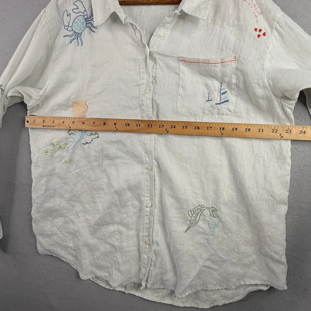 Spartina 449 Shirt Womens XL White Linen Embroidered Mermaid Coastal Button Up - Picture 8 of 14